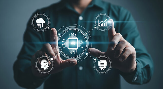 Businessman interacting with artificial intelligence and cloud technology with data security and growth.
