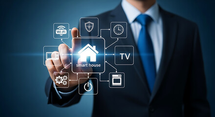Businessman interacting with smart home technology icons representing wireless connectivity and control