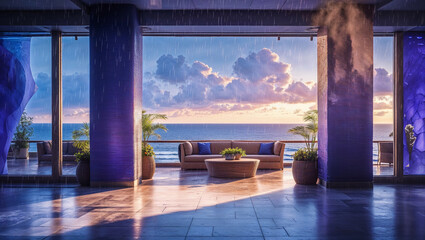 Fototapeta premium Serene coastal view from luxury balcony during rainfall with comfortable outdoor furniture and calming atmosphere.