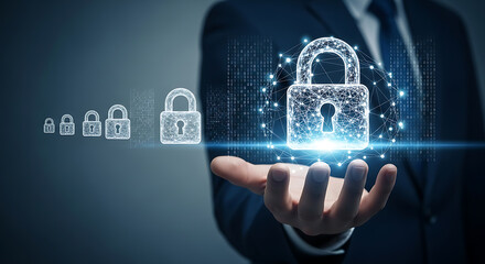 Businessman presenting digital padlock icon representing cybersecurity data protection and online privacy