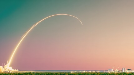 A rocket launch with its tail lights creating an arc in the sky at dusk. Space center test flight. Modern engineering technology in cosmic realm