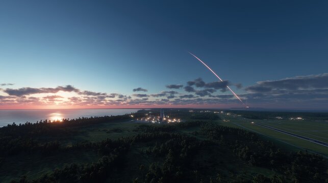 Spaceport. A rocket launch area. Starship is flying. Takeoff. Coastal launch pad