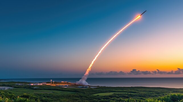 A long-exposure photograph of a launching rocket. A missile takes off from the launch pad with a trail behind. A rocket taking off from the military base for attack. Air defense