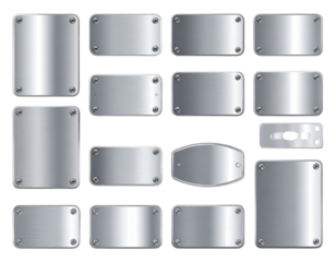 Stainless Steel Plaques and Blank Sign Plates with Screw Details, Transparent Background