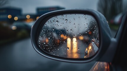 A car's rearview mirror showing raindrops and blurred traffic lights in the background capturing reflections on rainy days. City, urban road. Rainy weather 