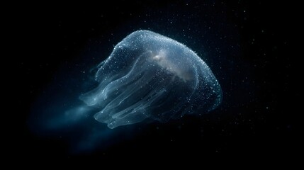 A translucent comb jelly glowing in the deep bioluminescent abyss