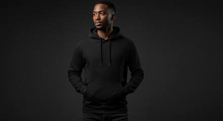 Handsome African American man in a black hoodie on dark background