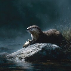 Obraz premium River otter catching a fish on a rock by the stream