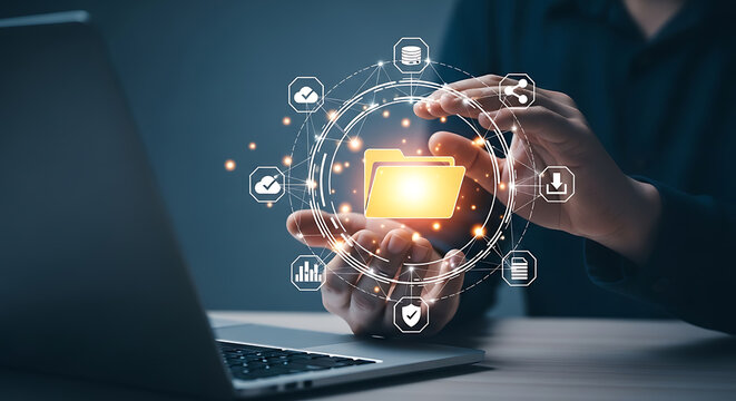 Businessman showcasing digital folder and data transfer icons with glowing modern technology interface - Powered by Adobe