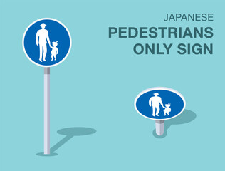 Traffic regulation rules. Isolated japanese "pedestrians only" road sign. Front and top view. Flat vector illustration template.