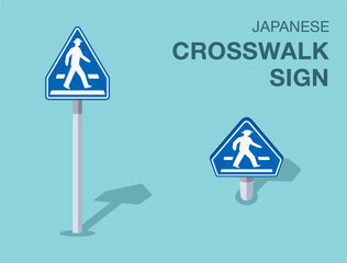 Traffic regulation rules. Isolated japanese "crosswalk" road sign. Front and top view. Flat vector illustration template.