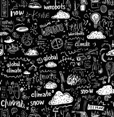Blackboard Graffiti Collage with Hand-Drawn Nature Elements, Climate/Snow/Cloud Concepts for Education/Creative Projects
