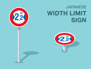 Traffic regulation rules. Isolated japanese "width limit" road sign. Front and top view. Flat vector illustration template.