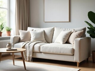 Cozy Living Room Interior: A beautifully designed living room with a comfortable sofa, soft pillows, a framed picture and elegant drapes, creating a serene and inviting atmosphere. 