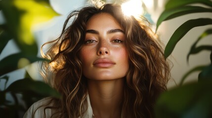 Naklejka premium A stunning woman with wavy hair and glowing skin is beautifully framed by vibrant green foliage, radiating natural beauty and confidence in a sunlit setting.