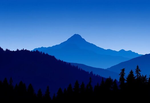 Blue silhouette vector illustration of a mountain range with dark forest tree silhouettes ,  simple,  scenic