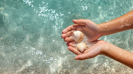 A pair of hands gently cradles two seashells in clear ocean water, capturing the essence of tranquility, connection with nature, and the beauty of coastal treasures.