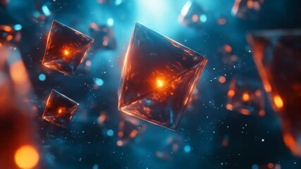Glowing Geometric Cubes Floating in a Dark Blue Space with Particles - Powered by Adobe