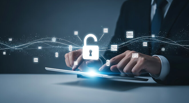 Businessperson accessing digital data security on tablet with illuminated lock and data network