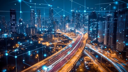Fototapeta premium Smart City at Night: Networked Urban Landscape