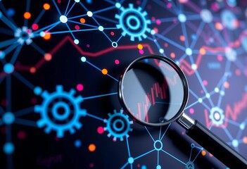 Abstract network nodes & lines forming data charts, gears, magnifying glass, colorful background,  concept,  illustration