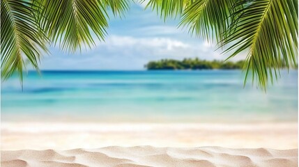 Overhead view wooden deck extending to turquoise sea beach, foreground hanging palm leaves natural elements, tropical vacation theme design