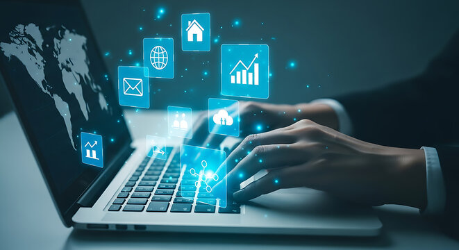 Businessperson working on laptop with digital icons representing global network and data analysis
