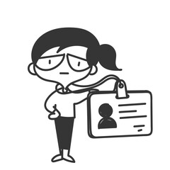 cute girl with glasses holding big id card in cartoon doodle