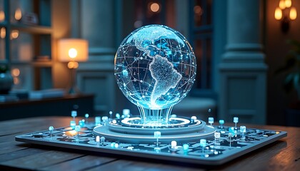 Futuristic glowing digital globe with interconnected data points on a modern interface