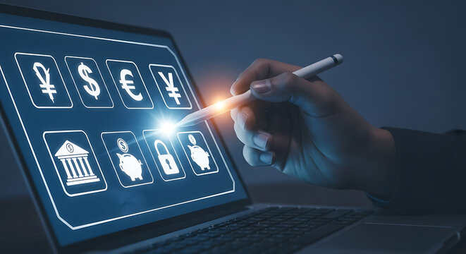 Digital banking and currency options on a laptop screen with stylus selection