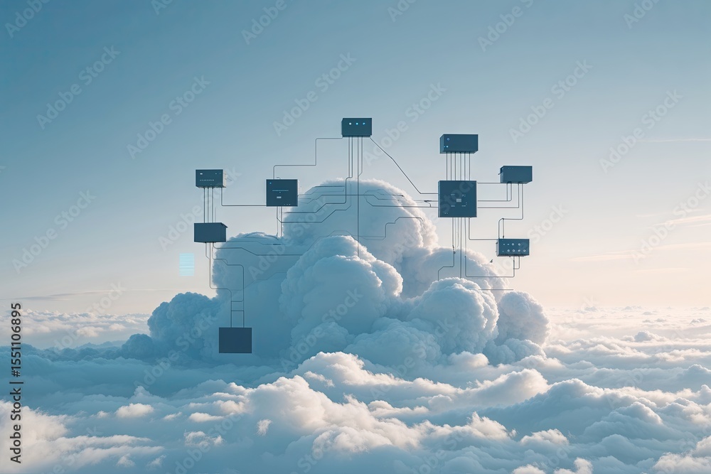 Poster minimalist cloud design featuring electronic nodes and advanced technology visualization