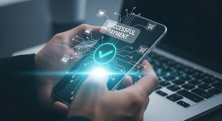 Hands holding smartphone displaying successful payment confirmation with digital interface overlay