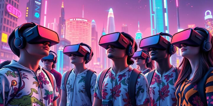 Diverse avatars in VR headsets explore a vibrant futuristic cityscape,  digital,  community