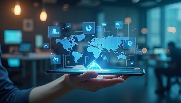 Hand holding smartphone displaying futuristic holographic world map with digital data icons