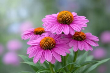 Obraz premium Four pink Echinacea flowers with prominent orangebrown cones are centered in a soft blurred background Green leaves visible below
