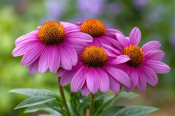 Fototapeta premium Four purple coneflowers with orange centers and green foliage