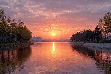 Golden sunset reflects on still water bordered by trees buildings faintly visible in the distance casting a serene and picturesque scene