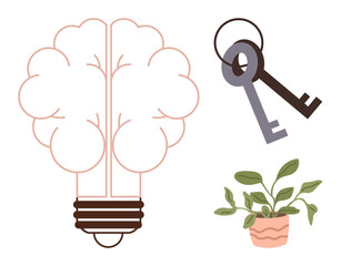 Brain lightbulb symbolizing creativity, two keys for problem-solving, and a potted plant for growth. Ideal for innovation, ideas, solutions, knowledge, growth brainstorming education. Simple flat