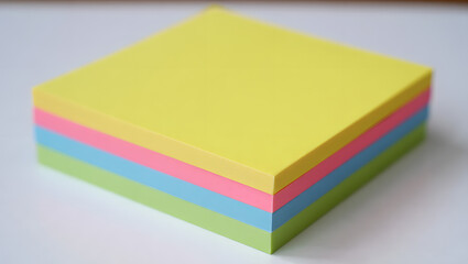 Fototapeta premium A stack of colorful sticky notes in yellow, pink, light blue, and light green sits on a white surface, ready for notes and reminders