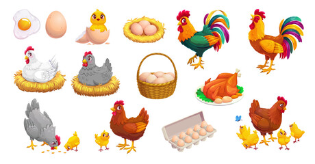 Cartoon hen and rooster characters with chicks and eggs, vector poultry farm, chicken birds and food. Farm animals personages of cute chicken families, roosters, hens on nests and chicks in egg shells