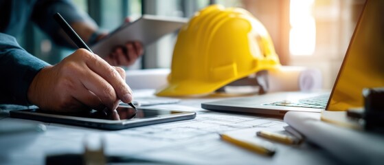 The construction worker reviewing plans with tablet in a modern workspace.