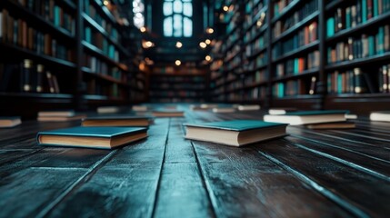 An enchanting library with books strewn across the wooden floor, evoking a sense of curiosity and adventure in a timeless space filled with knowledge and atmosphere.