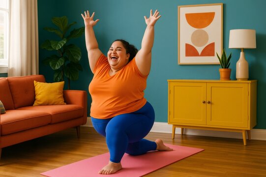 Happy plus size woman practicing yoga pose on mat in living room, promoting body positivity and healthy lifestyle - Powered by Adobe