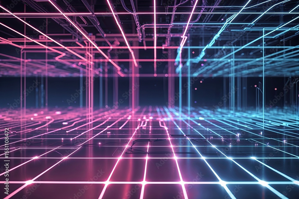 Poster futuristic neon grids and dynamic networks showcasing technology connections and energy flow