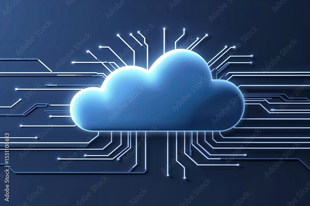 Poster cloud icon with circuit pathways for enhanced data management and networking solutions