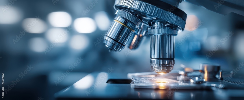 Poster the microscope illuminating a specimen slide in a modern laboratory setting.