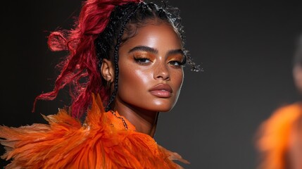 A striking fashion model showcases bold, colorful attire on the runway, exuding confidence and style amidst a backdrop symbolizing contemporary fashion trends.