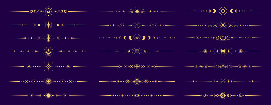 Mystic esoteric celestial divider borders with moon phase, starburst and sun line ornament. Vector magic, astrology, witchcraft space spiritual frames set with gold moon cycles and witchy symbols