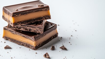 Stacked layers of chocolate and caramel bars create an enticing visual, drawing the gaze of dessert lovers and highlighting the art of sweet indulgence and flavor balance.