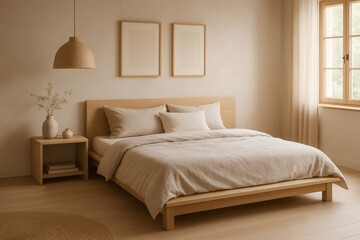Fototapeta premium Minimalist bedroom with wooden furniture, two empty frames hanging on the wall, and a window letting in natural light